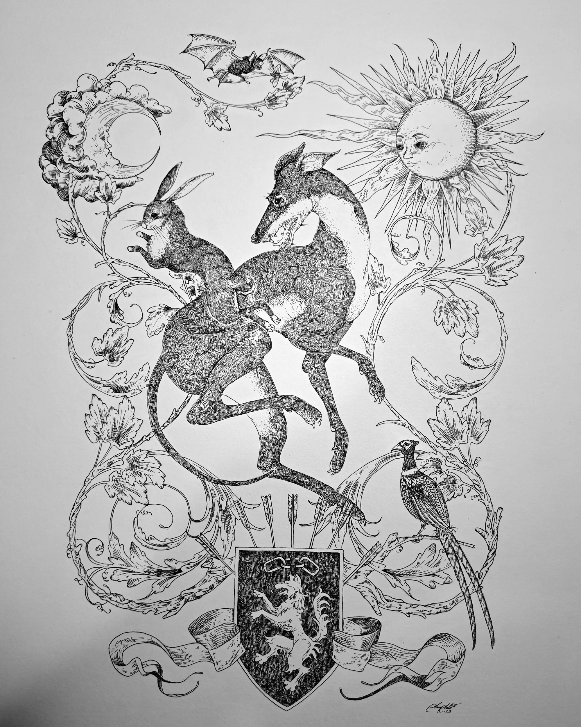 Black and white illustration of a greyhound and a rabbit. A shield depicting a wolf crest is in the foreground. There is a sun and moon in the top corners. The picture is surrounded by filigree leaves coiled in circles.