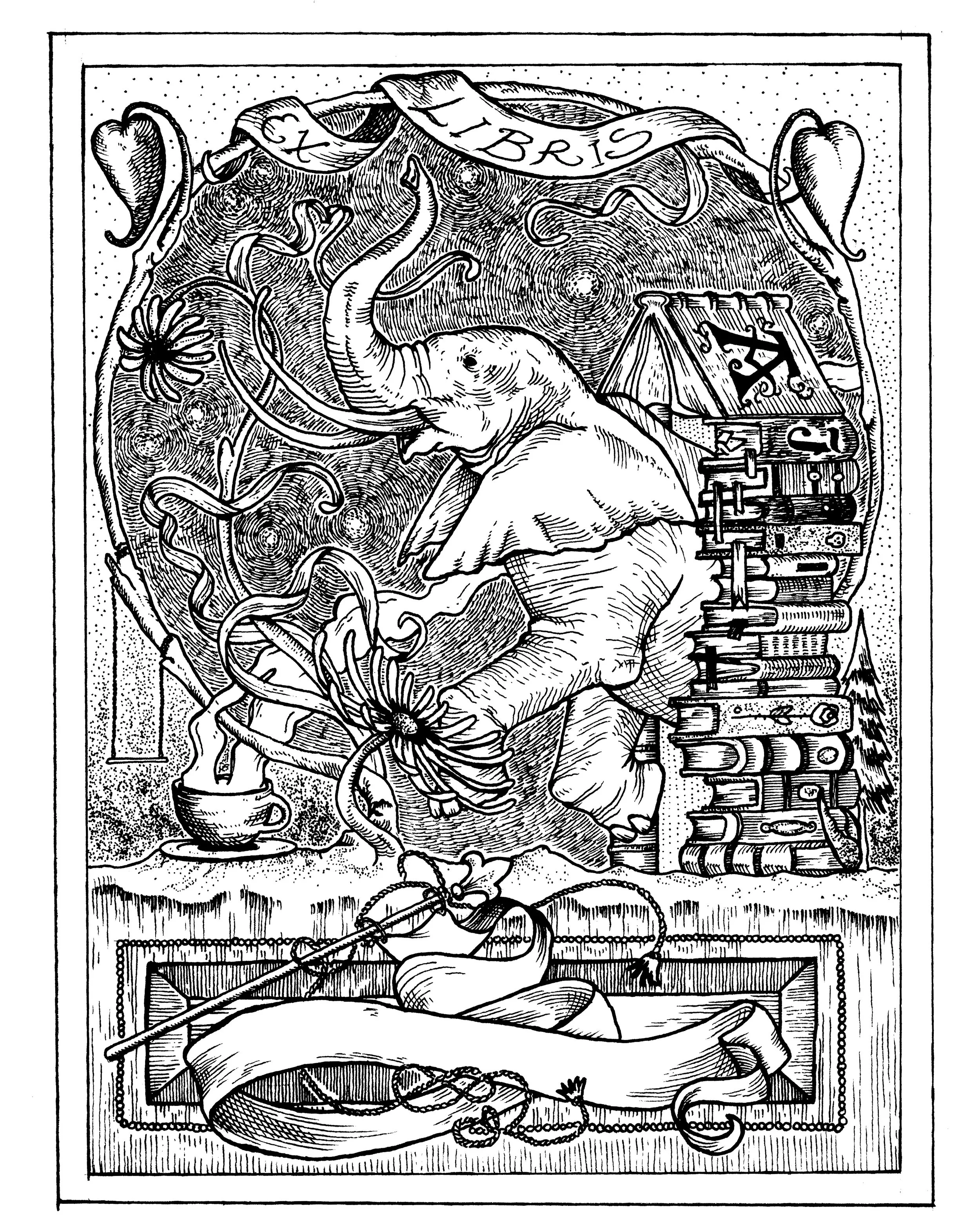 A black and white illustration of an elephant coming out of a tower made of books. It is framed by a large daisy with the words "ex libris" written on a banner at the top.