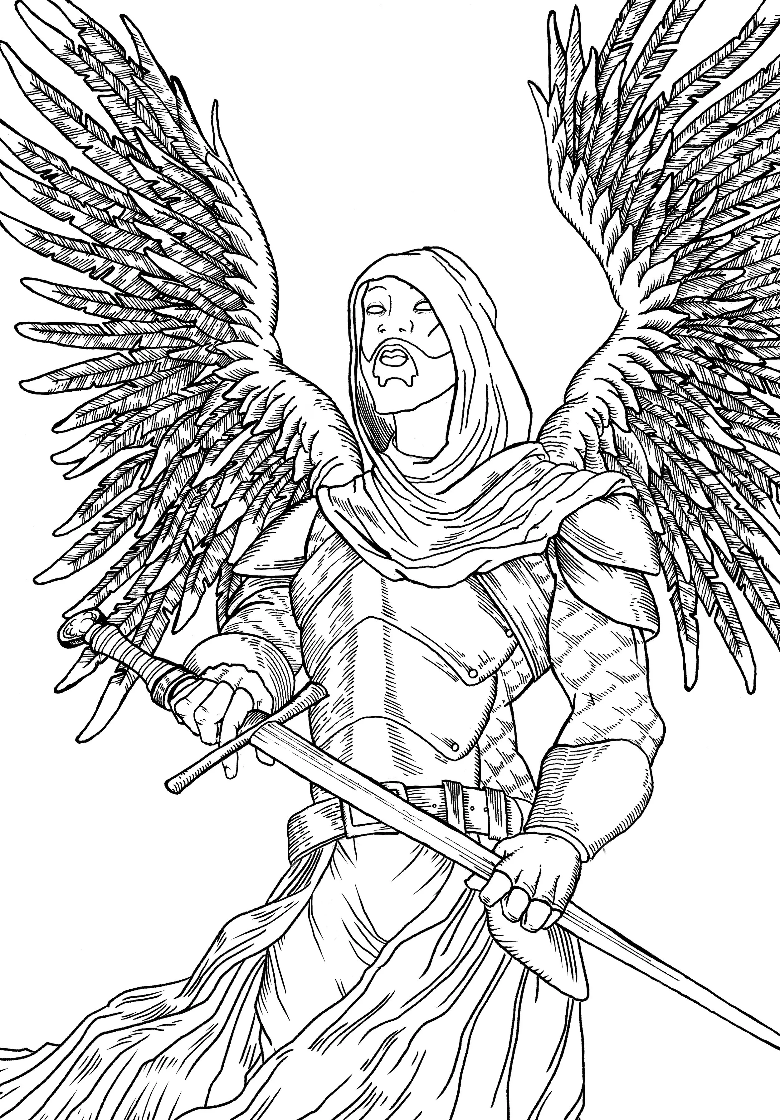 Black and white illustration of an angelic warrior with large detailed wings, wearing armor, holding a sword, and draped in a flowing garment.