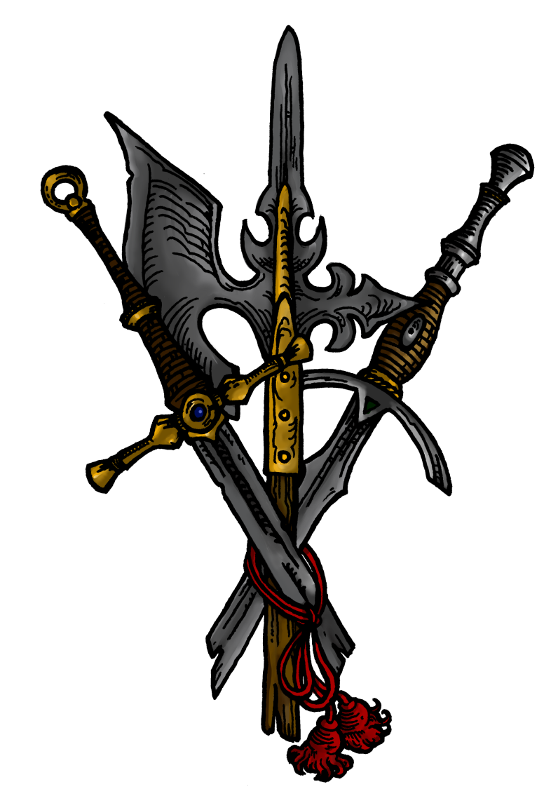 Drawing of two broken swords crossed against a halberd, a rope with tassels is tying the three elements together.