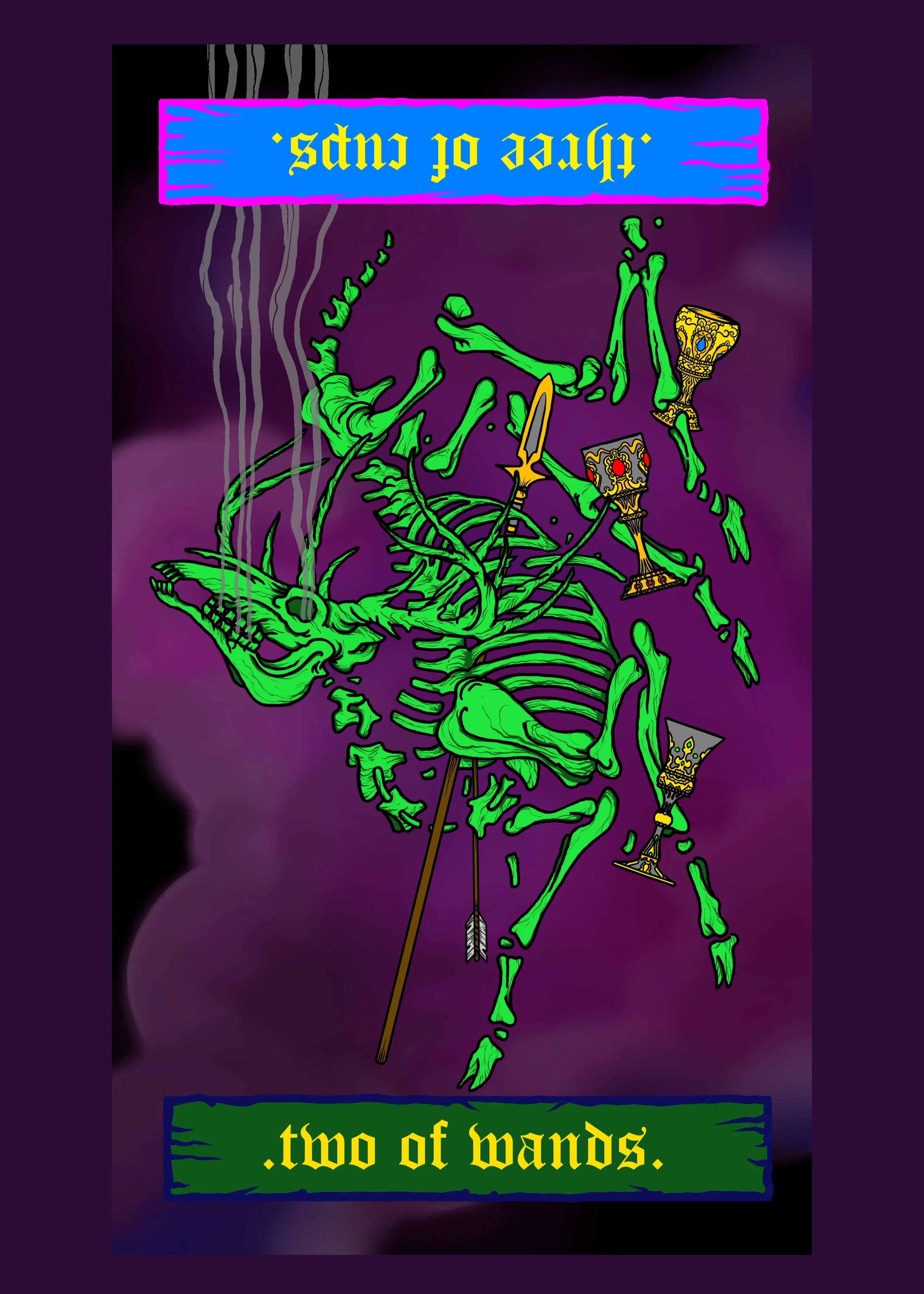 Illustration of the Two of Wands and Three of Cups Tarot card depicting a green skeleton deer with and spear and arrow through its rib cage and three golden chalices falling.