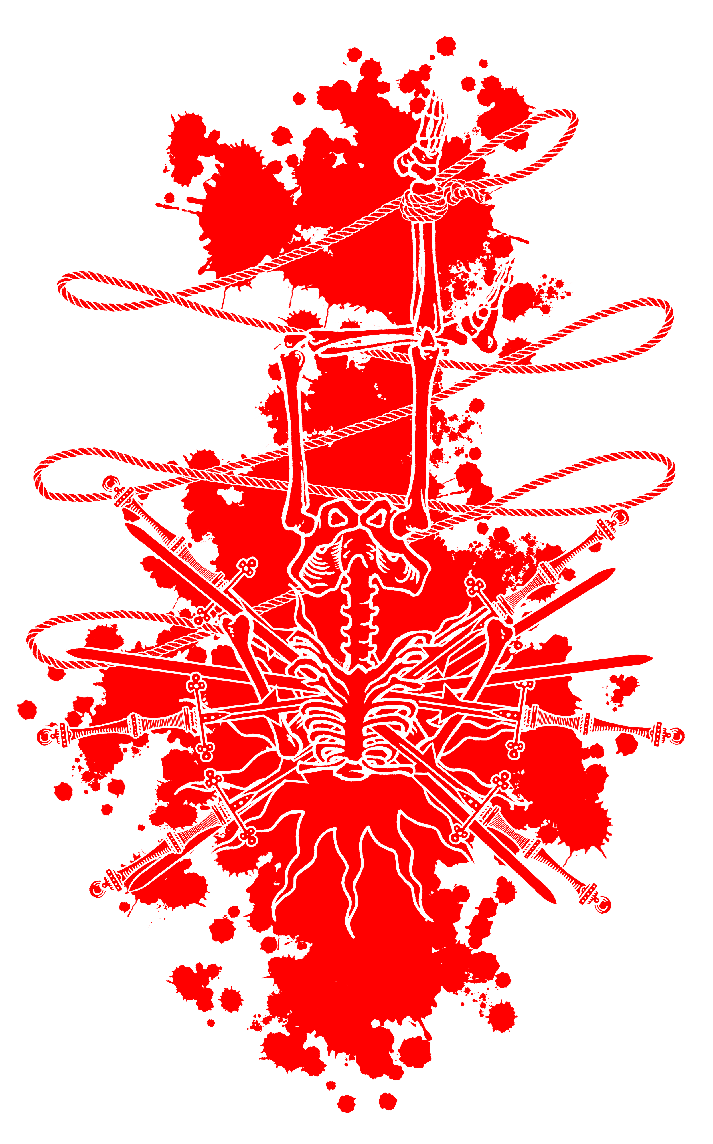 A white outline of a skeleton pierced by multiple swords, intertwined with ropes, set against a black background with red ink splatters.