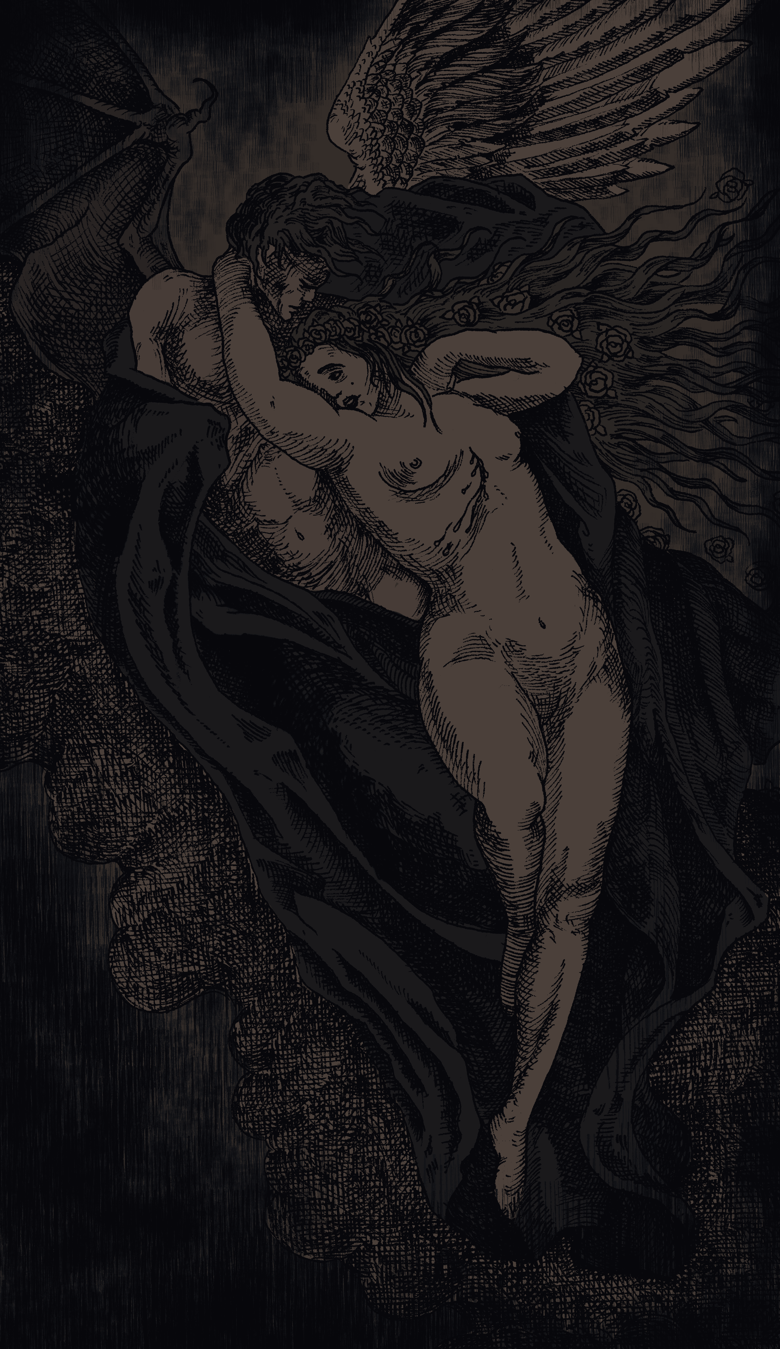 An illustration of an winged angel holding a woman.