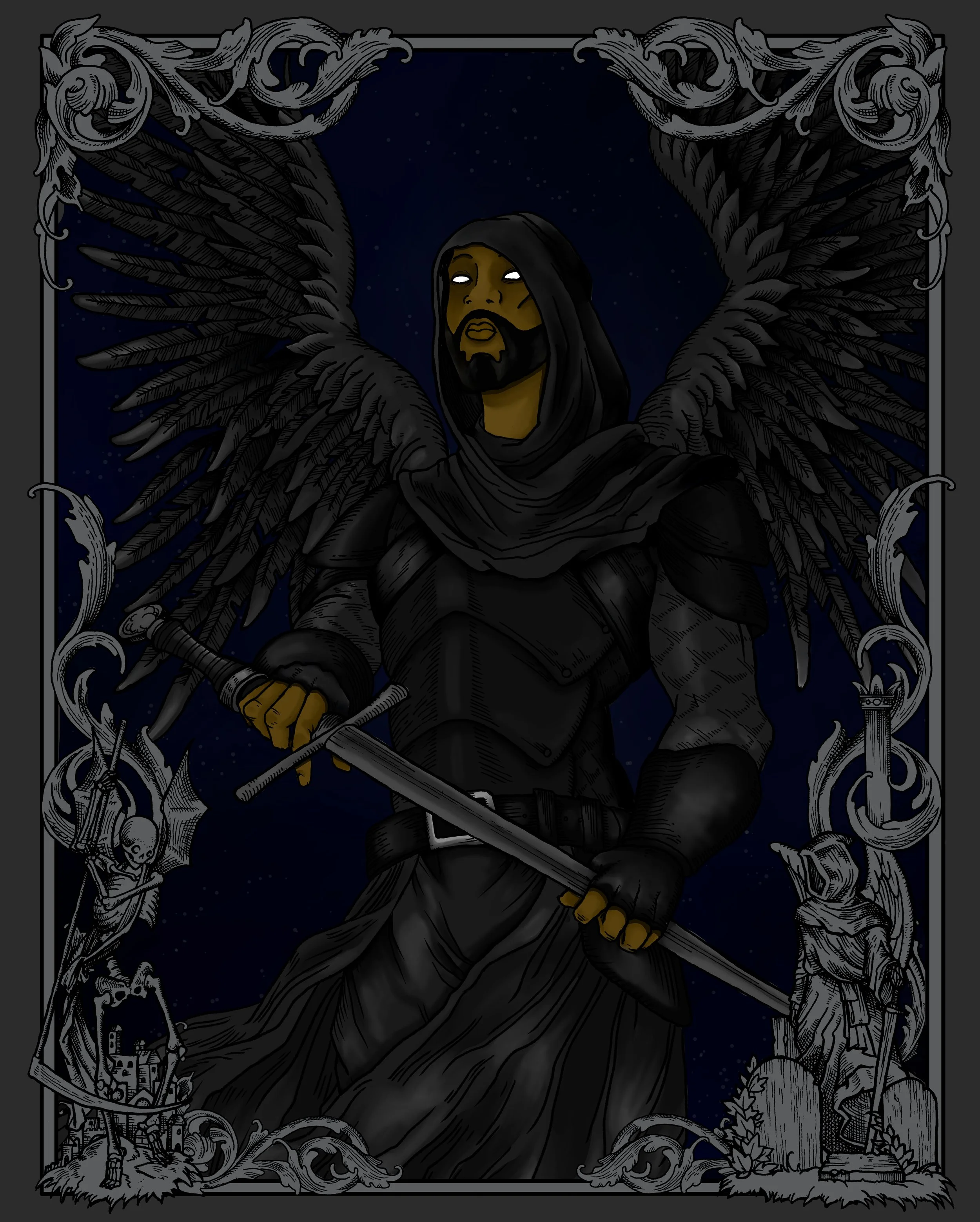 A dark fantasy illustration of a winged, armored warrior with glowing eyes, holding a sword, set against a starry night sky, with intricate border.