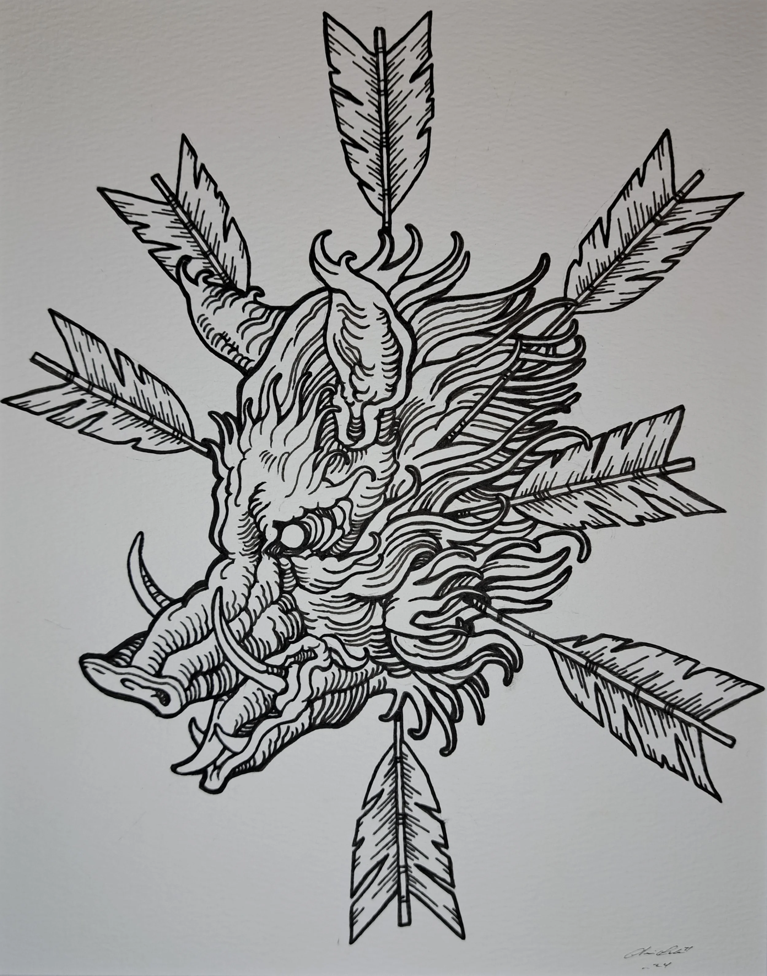Boar Head with Arrows Original Artwork