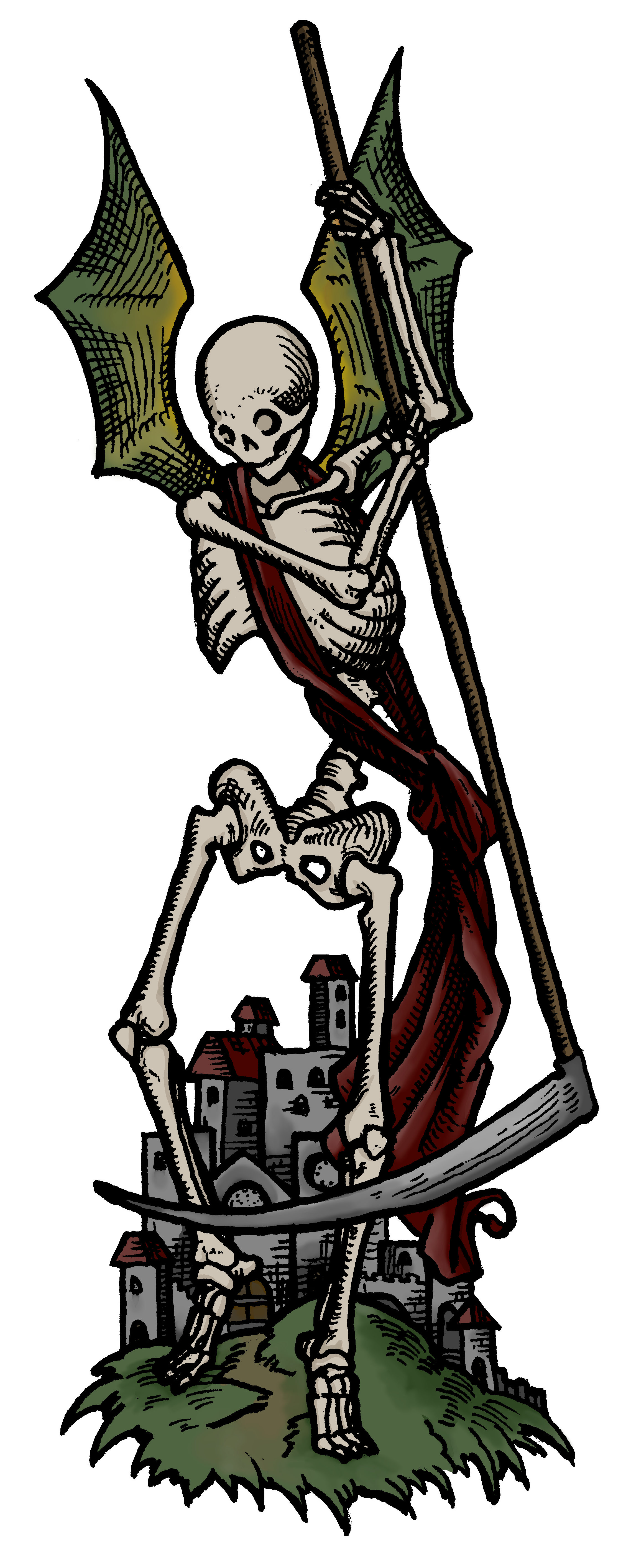 A skeleton grim reaper holding a scythe in front of a medieval town.