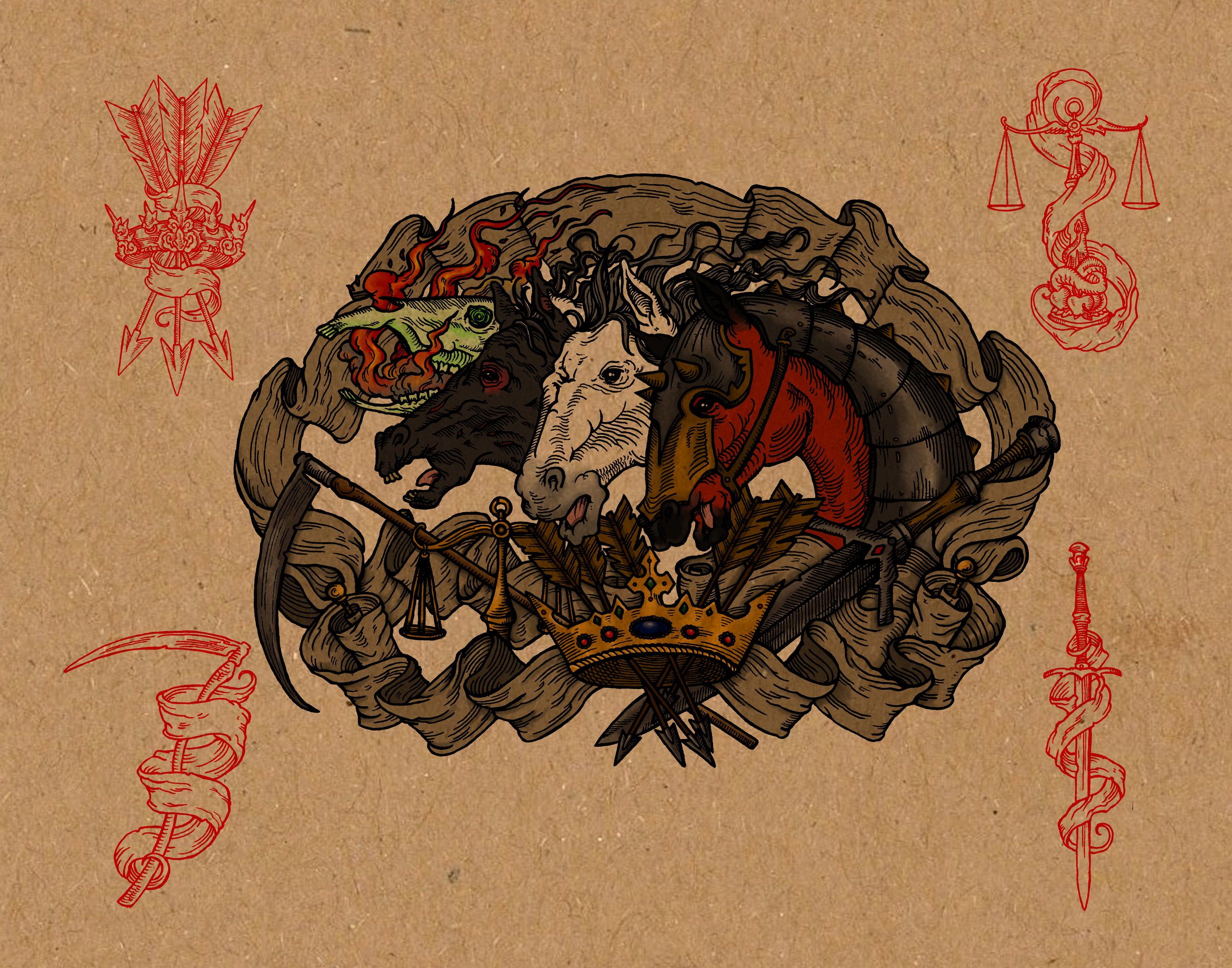 4 Horses Tattoo Flash 11x14 Print