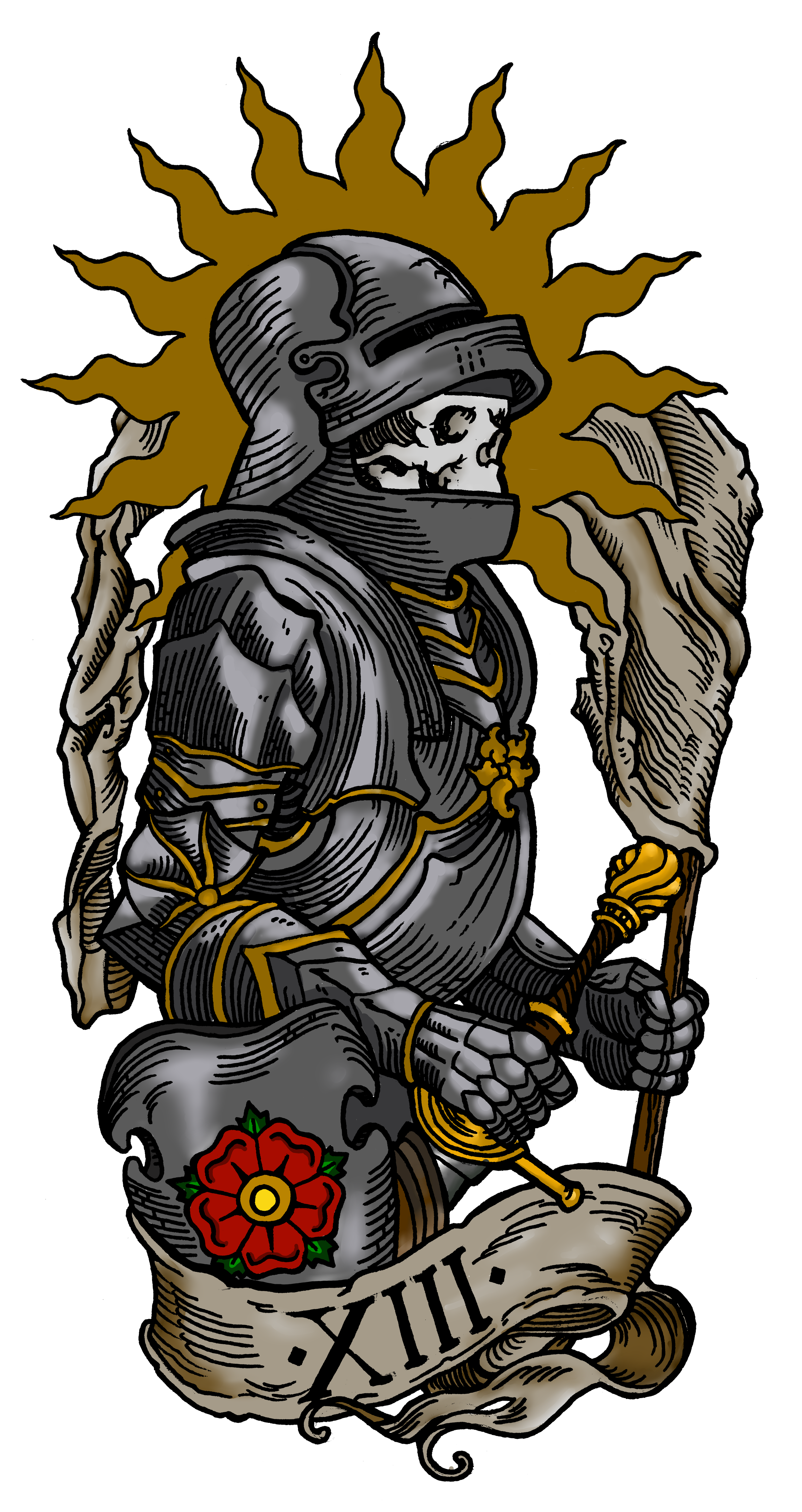 A medieval-style illustration of a knight in armor holding a sword and shield decorated with a red flower, with a yellow halo-like sun behind his head and a banner at the bottom with Roman numerals 'XIII'.
