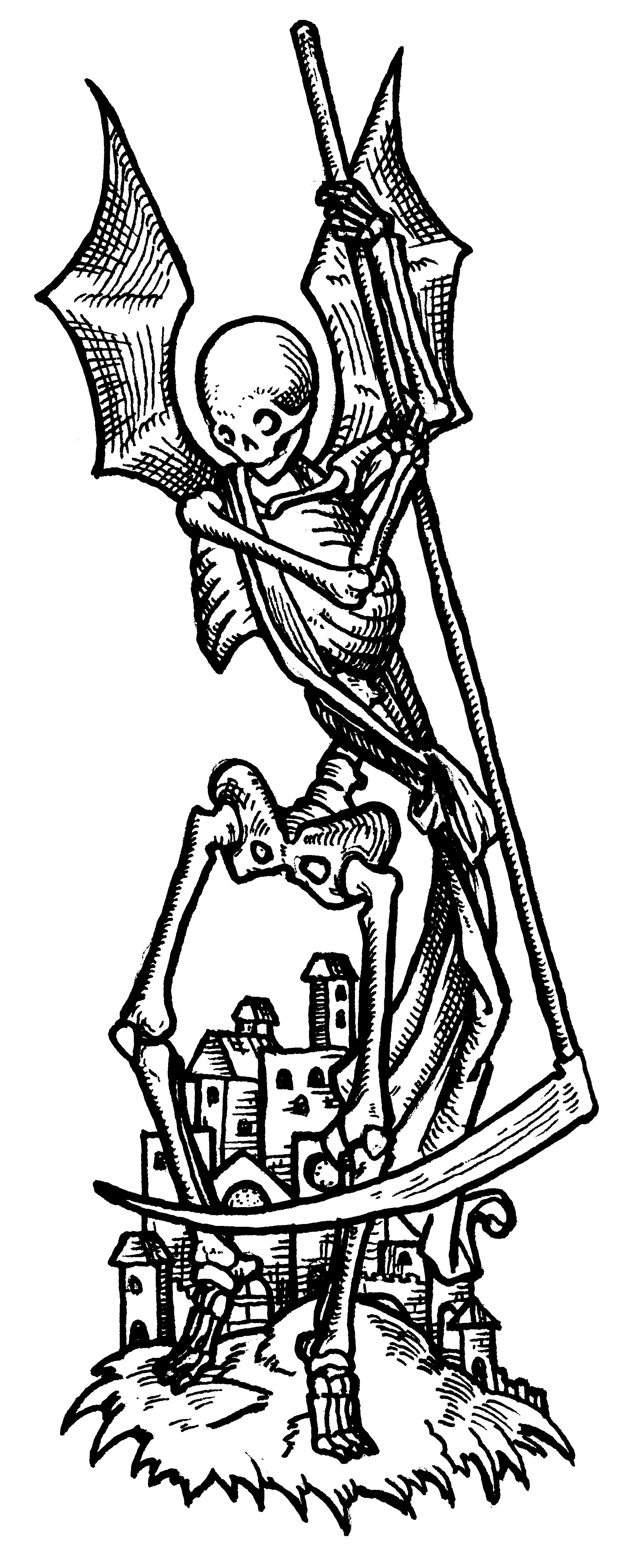 Black and white illustration of a skeleton with bat wings, holding a spear, standing on a hill with castles in the background.