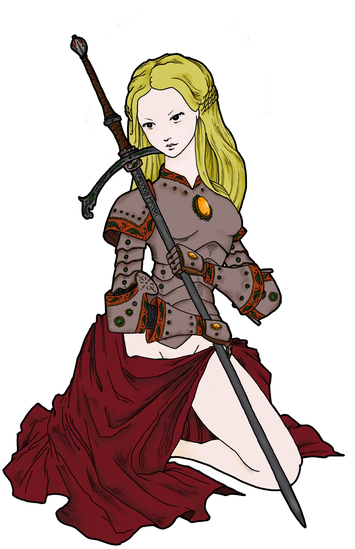 Artwork of a woman with long blonde hair, holding a sword and wearing half plate armor, her lower body is draped in a maroon cloth.