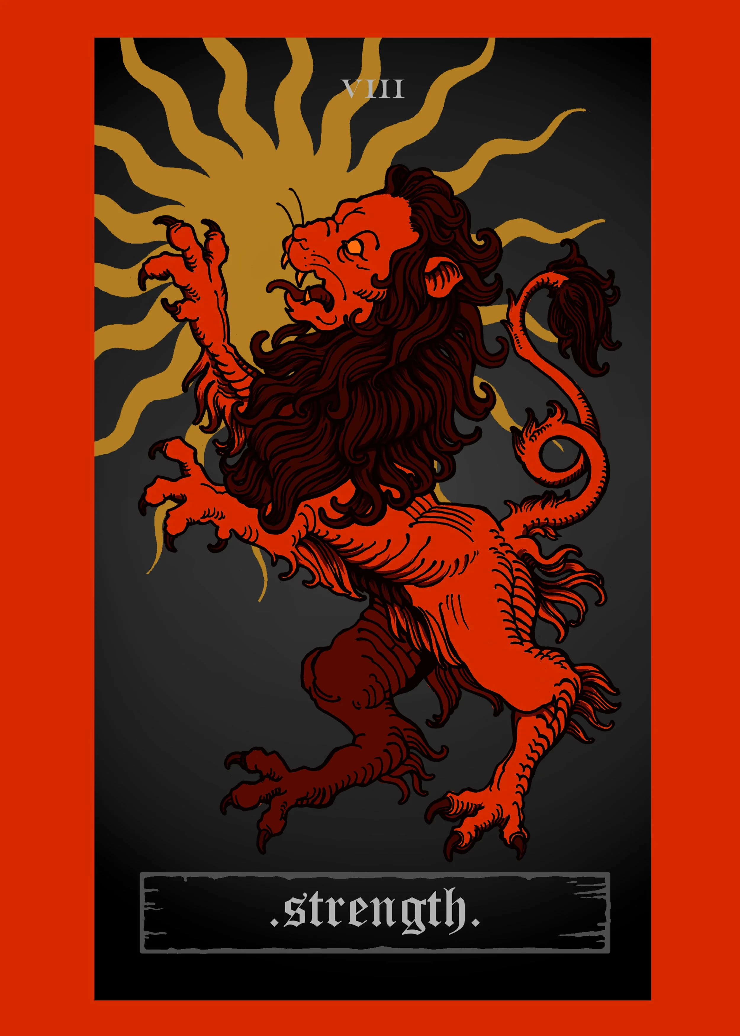 The Strength Tarot Card.vA red rampant lion eating the sun on a black background with a red border. The word 'strength' is written at the bottom.