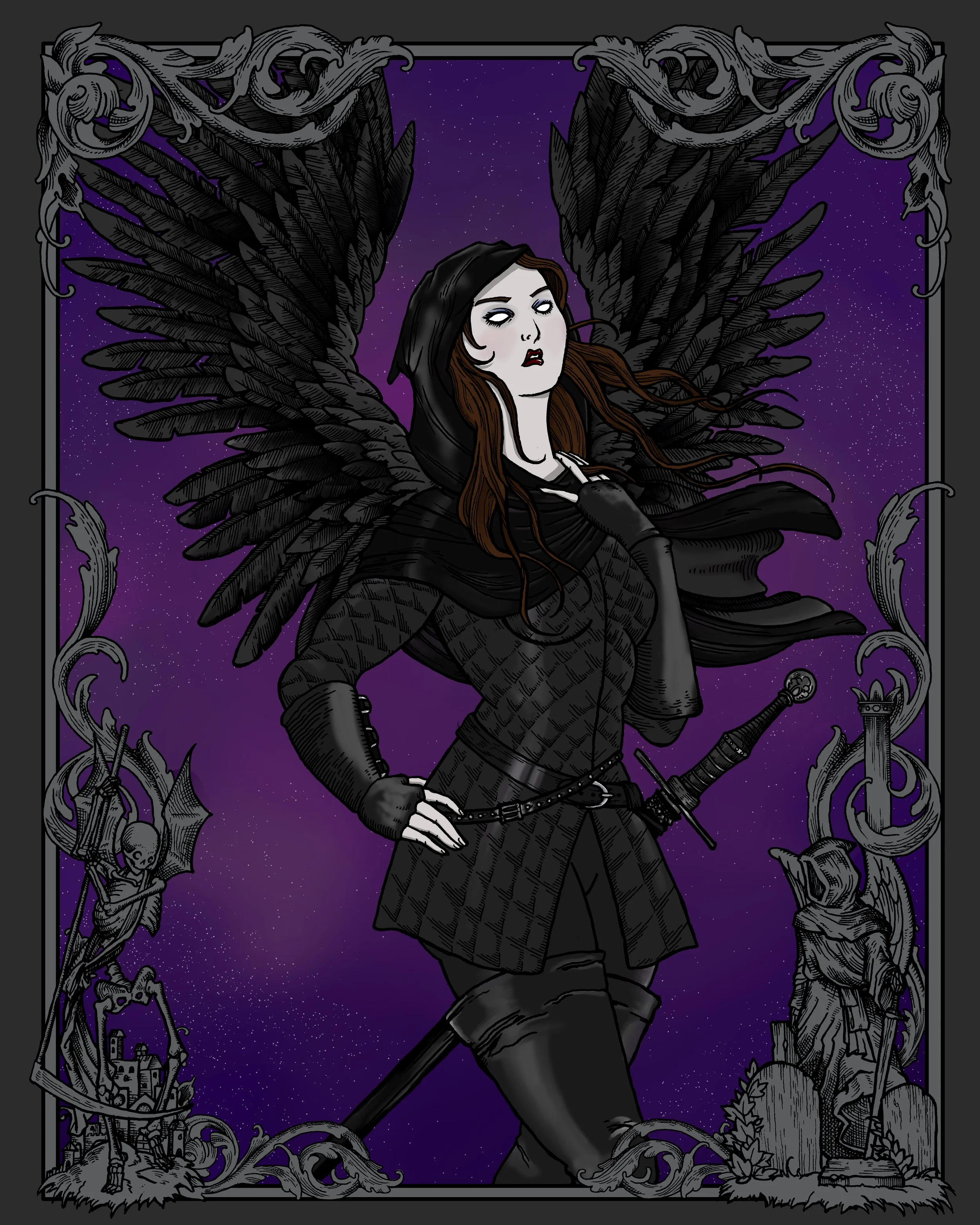 A female fantasy character with dark wings, dressed in black armor and cloak, stands against a starry purple night sky. She has long brown hair, pale skin, and a serious expression.  She is holding her neck with her left hand.