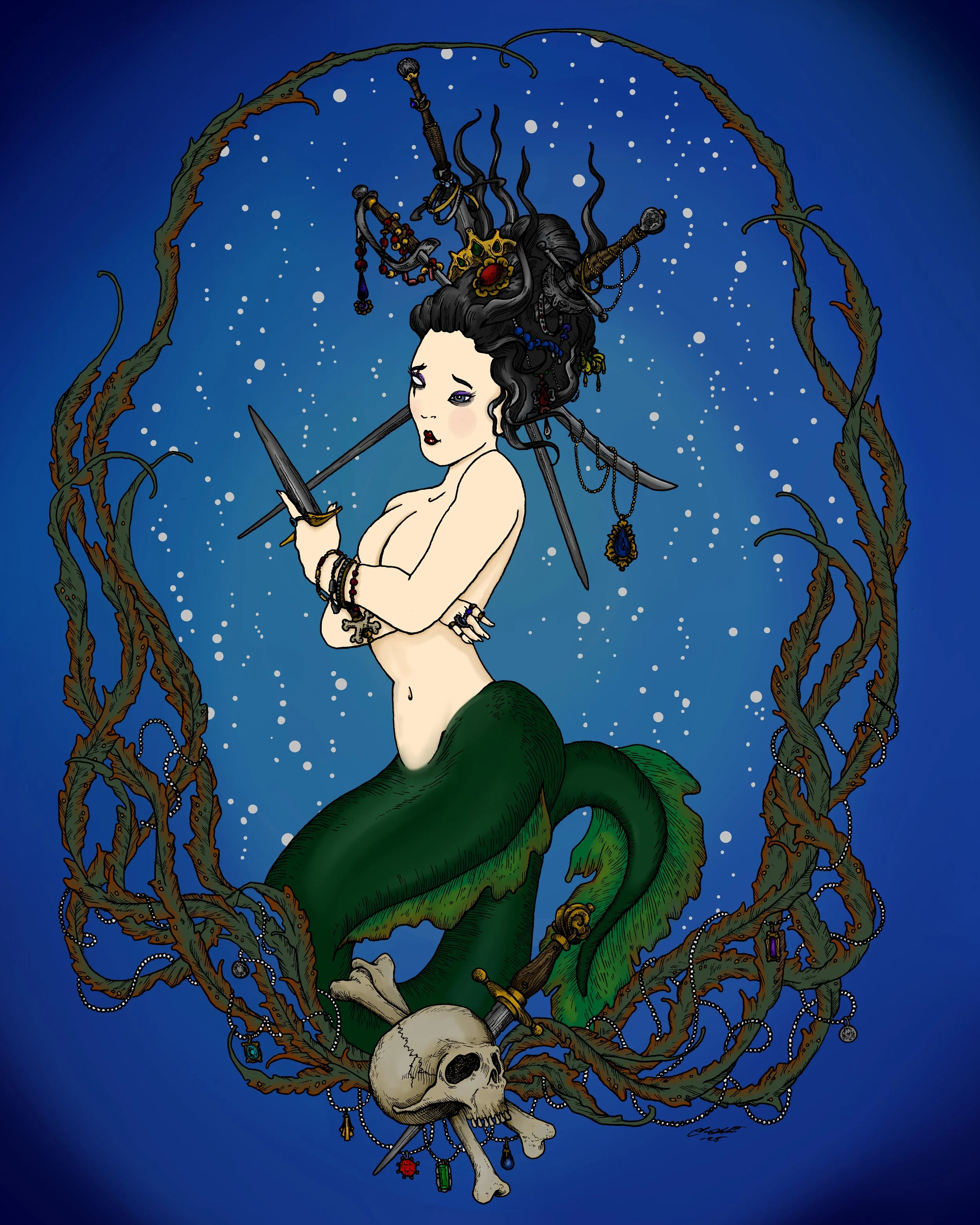 Illustration of a mermaid with a human upper body and green tail, holding a dagger, surrounded by a circular frame of twisted vines adorned with jewelry and a skull with crossed bones at the bottom, all set against a blue background with white bubbles.