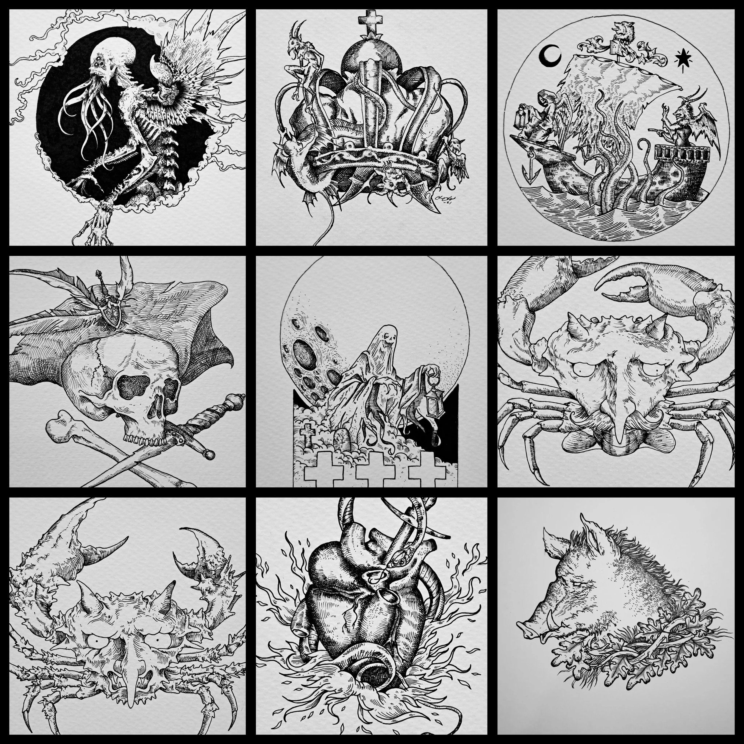 Black and white illustrations of various dark and gothic themes, including monsters, skulls, a heart, a ghost, a crab with a skull, and other macabre imagery.