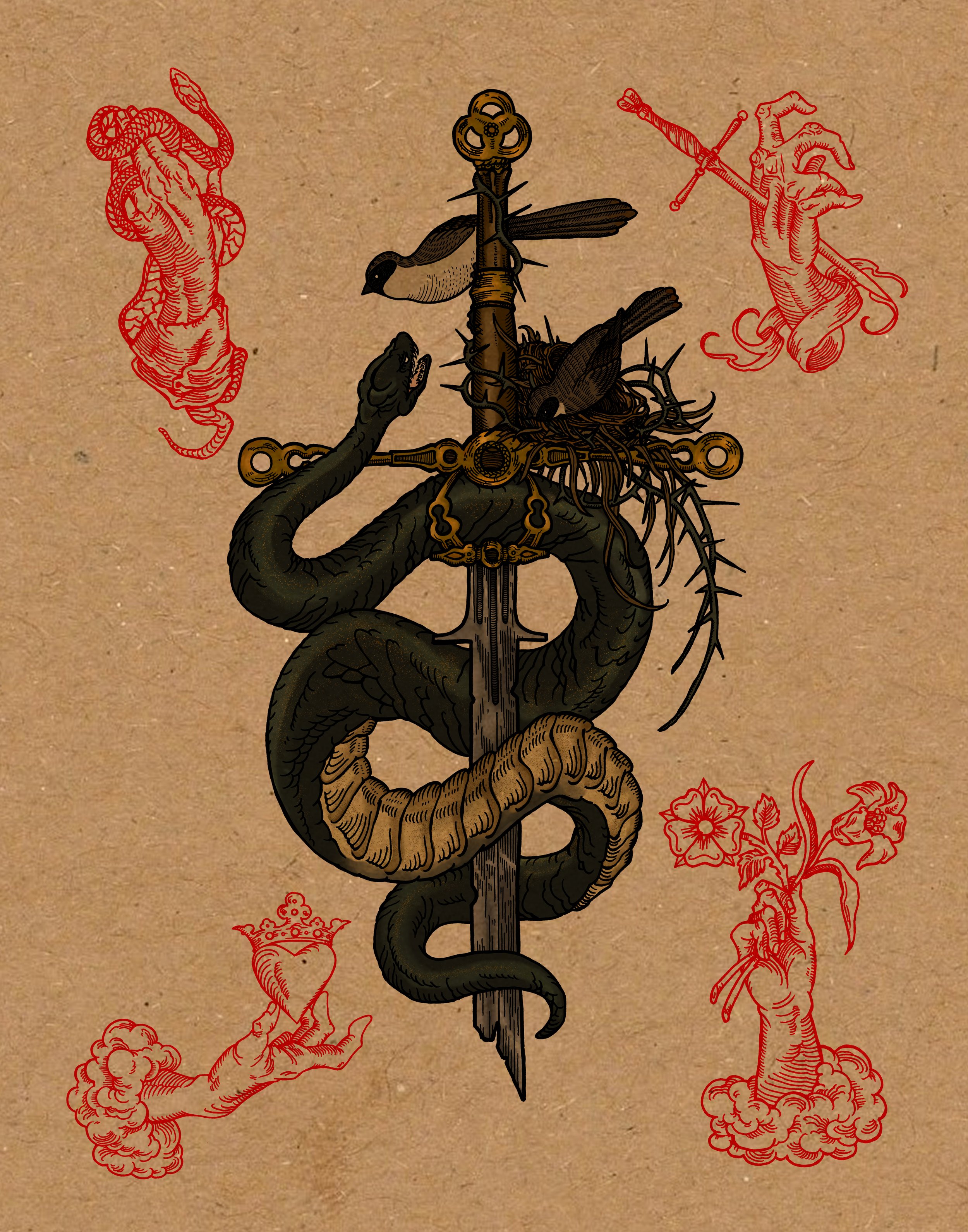 Tattoo flash sheet of a snake coiled around a sword with a birds nest perched on the hilt. The edges of the print have various hands holding different objects.