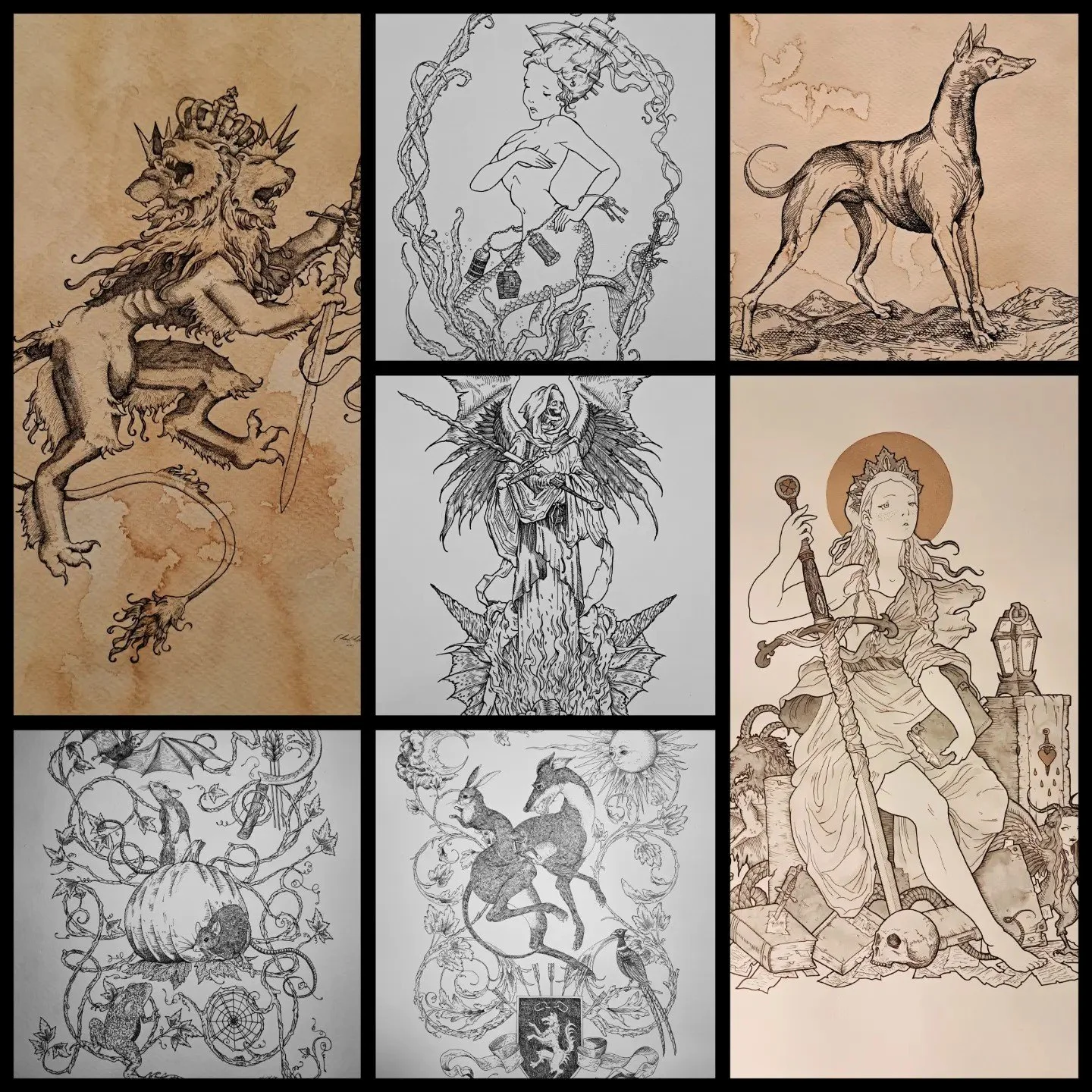 A collage of eight detailed fantasy and mythological sketches, including a lion with a crown, a mermaid, a dog, a female with a halo and a large sword, a pumpkin with mice and vines, a grim reaper with wings, and a scene with a dog and a rabbit.