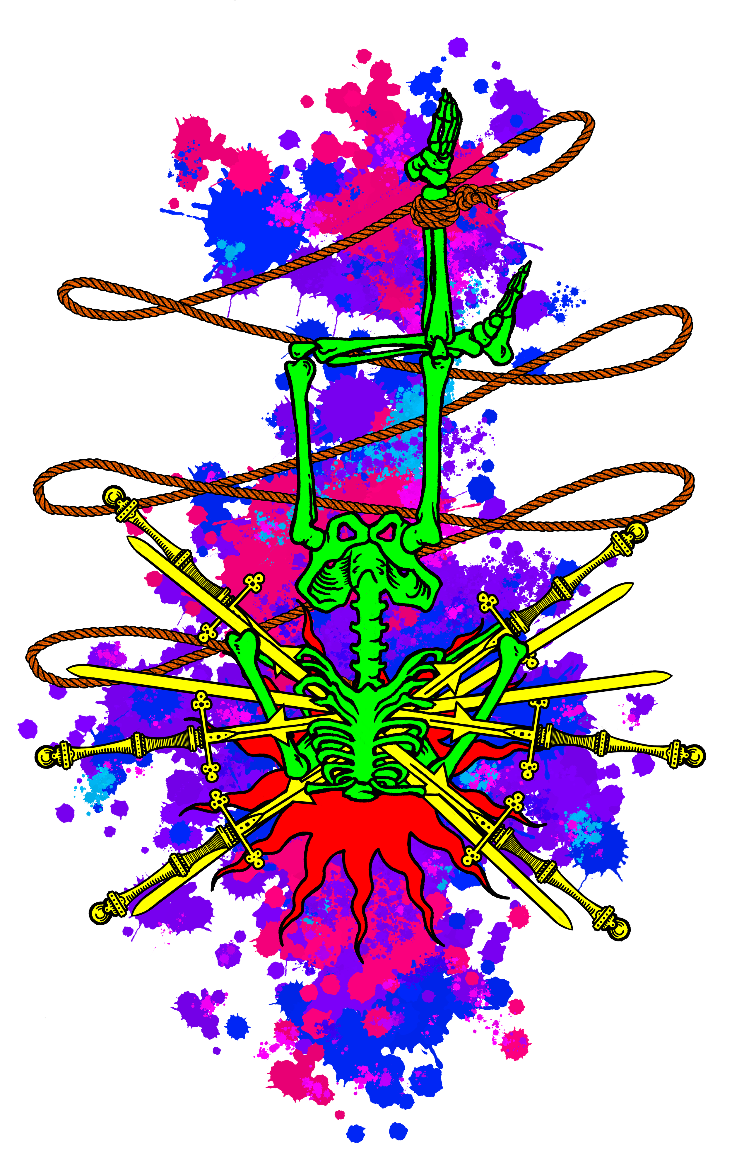 A beheaded green skeleton hanging upside down in the pose of the Hanged Man tarot card with six swords crossed through its rib cage and a coiled rope, set against a colorful splattered background.
