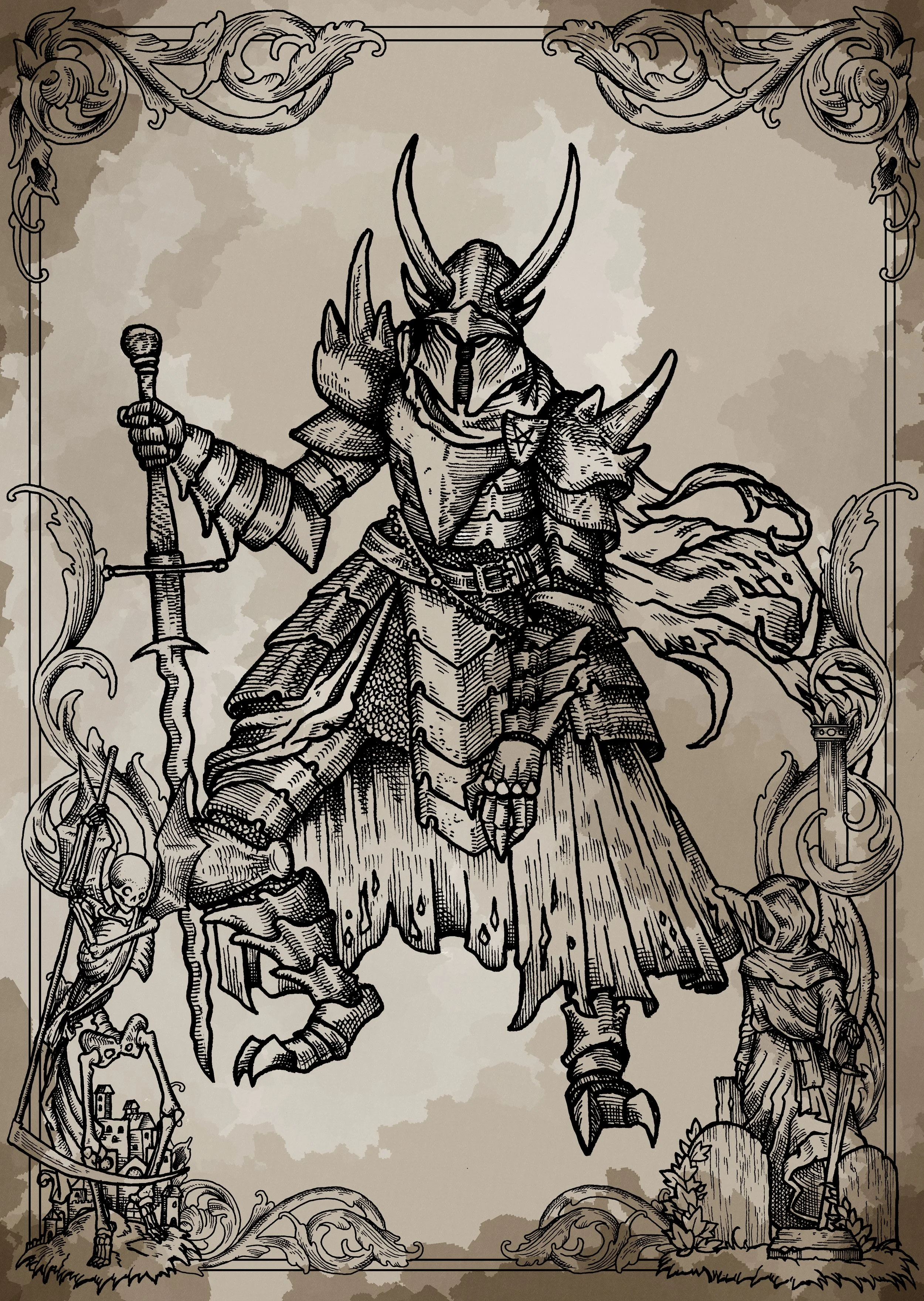 A sepia toned illustration of a knight in armor with a horned helmet, holding a flamberge.