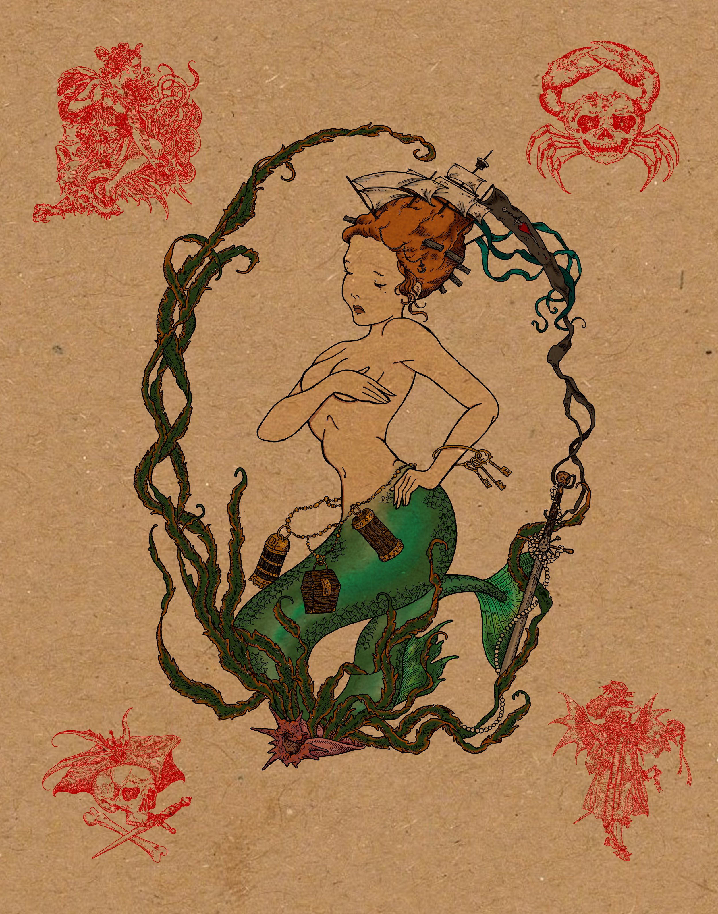Tattoo flash sheet of a mermaid with a ship in her hair. She is framed by seaweed. The edges of the sheet depict a crab, a pirate skull, a skeleton pirate and a woman riding dragons.