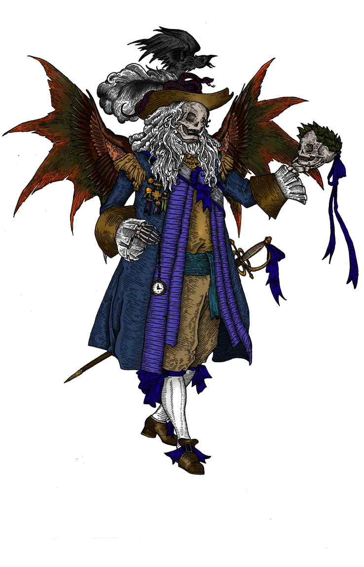 A detailed illustration of a skeleton dressed in an elaborate pirate coat, tricorn hat, and a pocket watch. The skeleton has white hair and is holding a skull in one hand, with wings and a raven behind it.