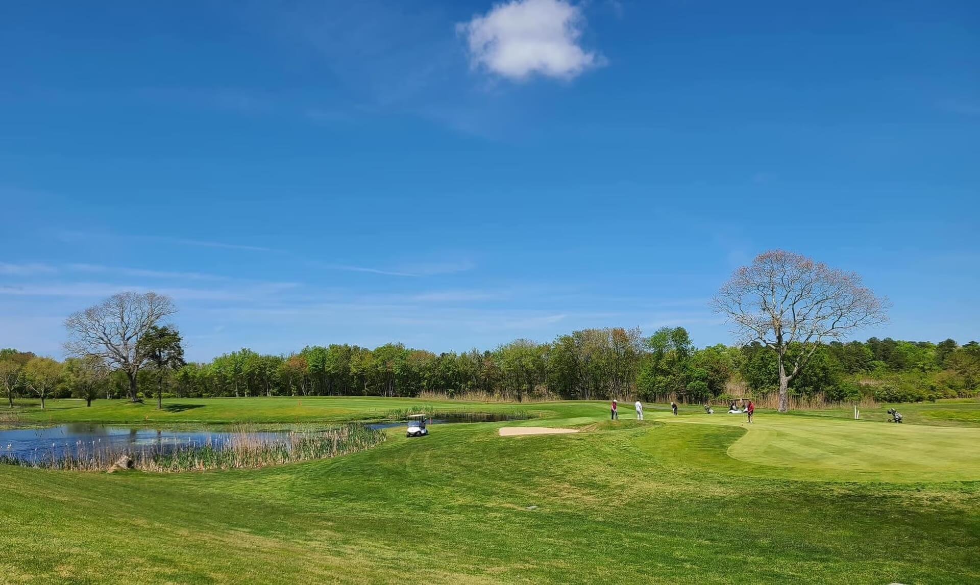 A scenic view of a golf course with lush green grass, a pond, and a few trees under a clear blue sky with some clouds, and several golfers playing.