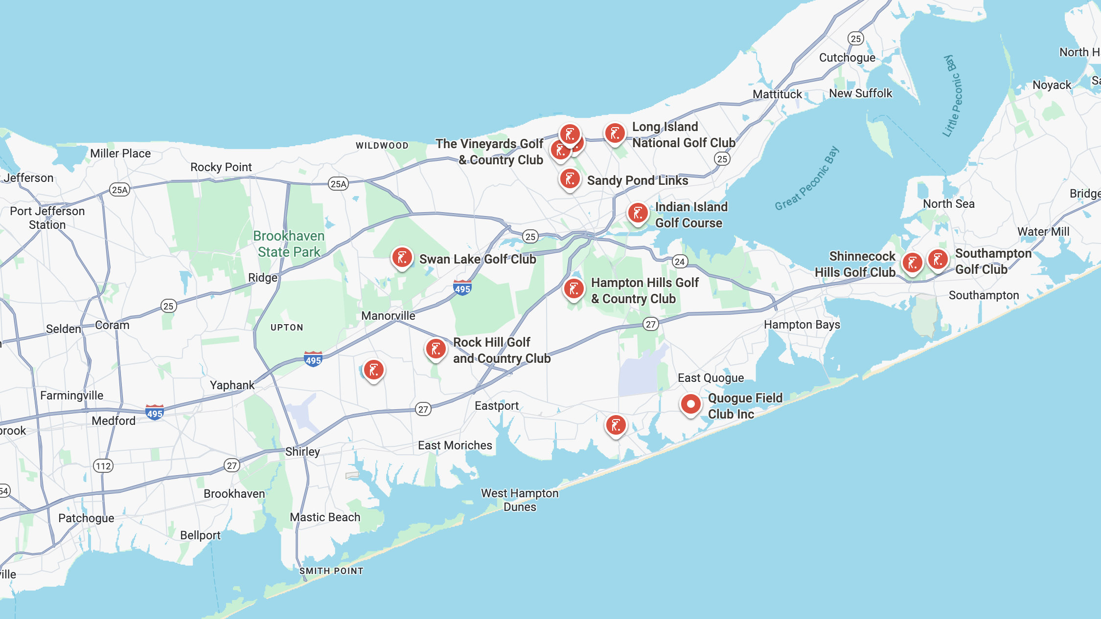 Map of Long Island, New York, showing various golf clubs including Southampton Golf Club, Shinnecock Hills Golf Club, and others, with major roads and water bodies.