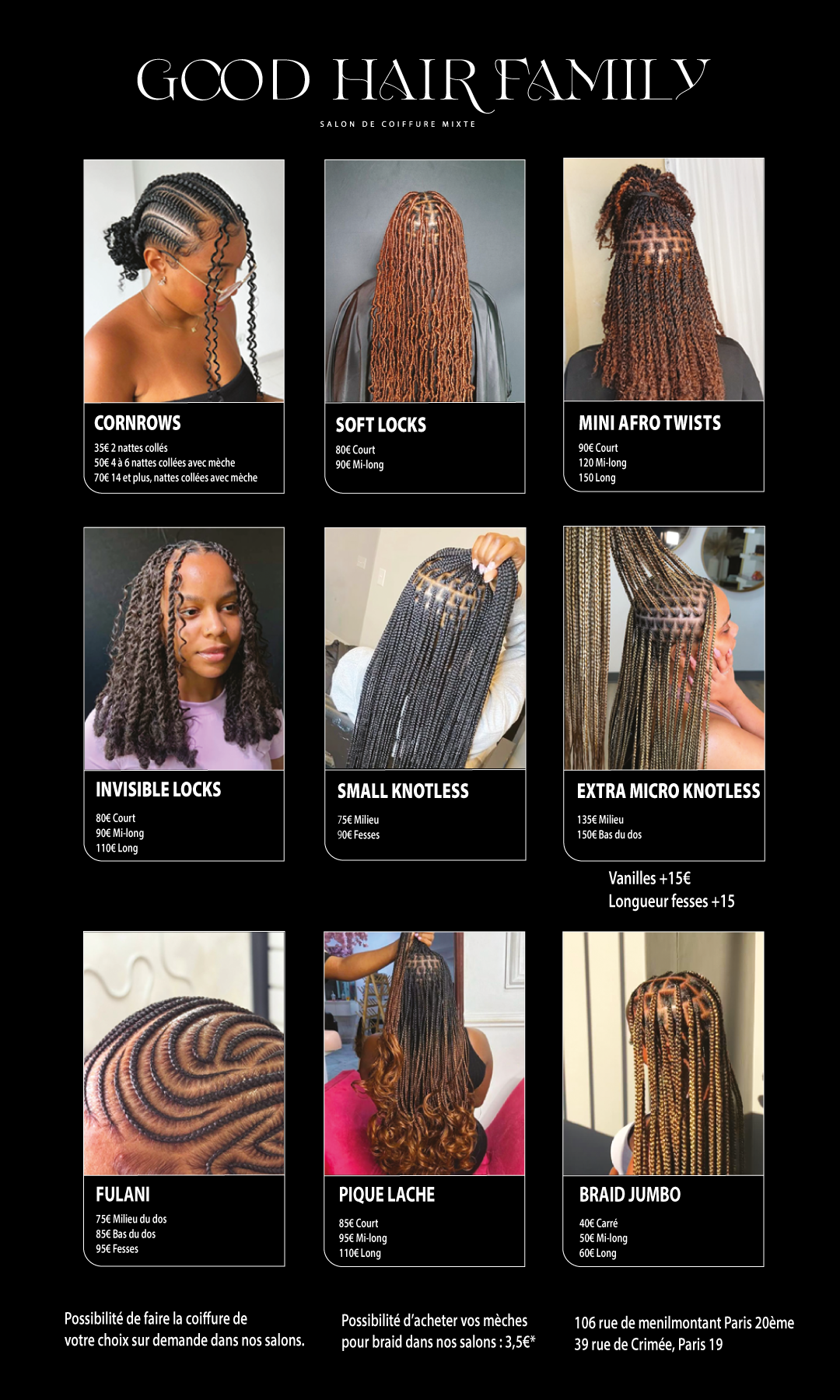 Menu de coiffure chez Good Hair Family avec différentes options de tresses et locks, incluant prix et durée, ainsi qu'une note sur la possibilité de faire couper ou acheter des mèches.