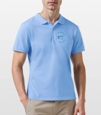 A man wearing a light blue polo shirt with an embroidered logo on the left chest and beige pants.