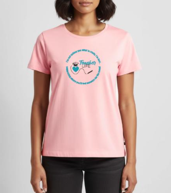 Pink t-shirt with a circular logo featuring a heartbeat line and the text 'Teacher Life' inside the circle.