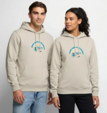 Two people wearing light gray hoodies with a blue logo on the front, standing against a plain light background.