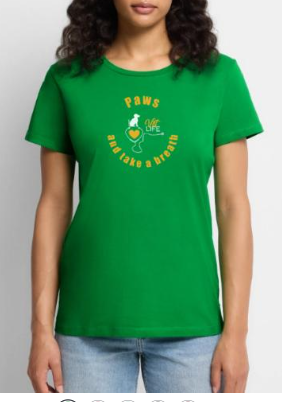 Green T-shirt with a yellow design.