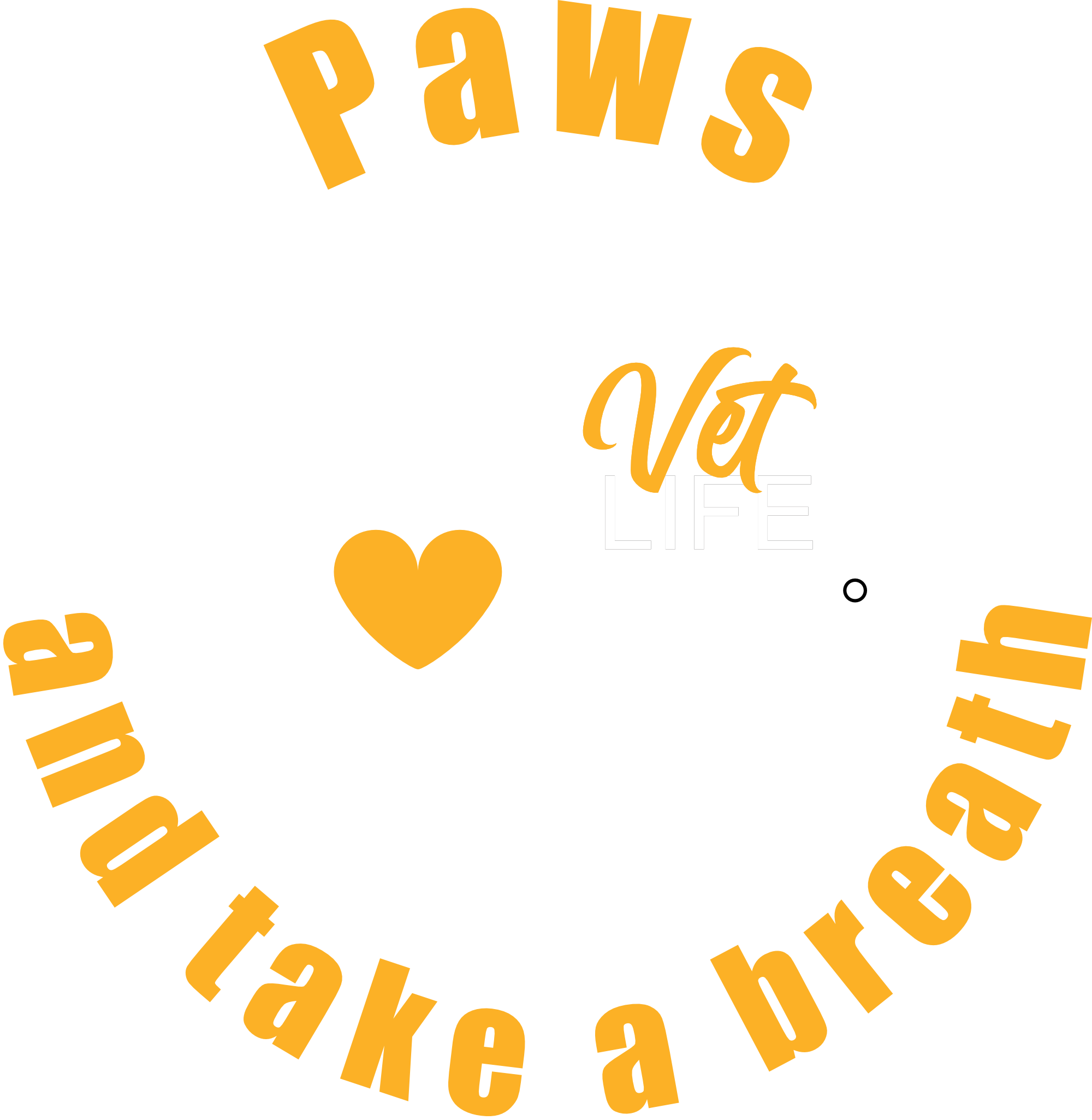 A round design featuring a dog sitting on a stethoscope with a yellow heart. The text around the logo reads 'Paws and take a breath.'.