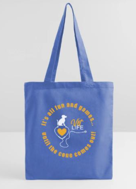 Blue tote bag with a circular yellow design.