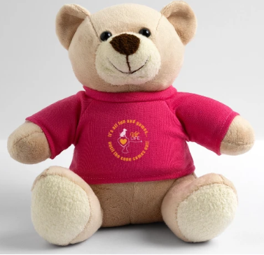 Cream-colored teddy bear wearing a pink shirt with a heart.