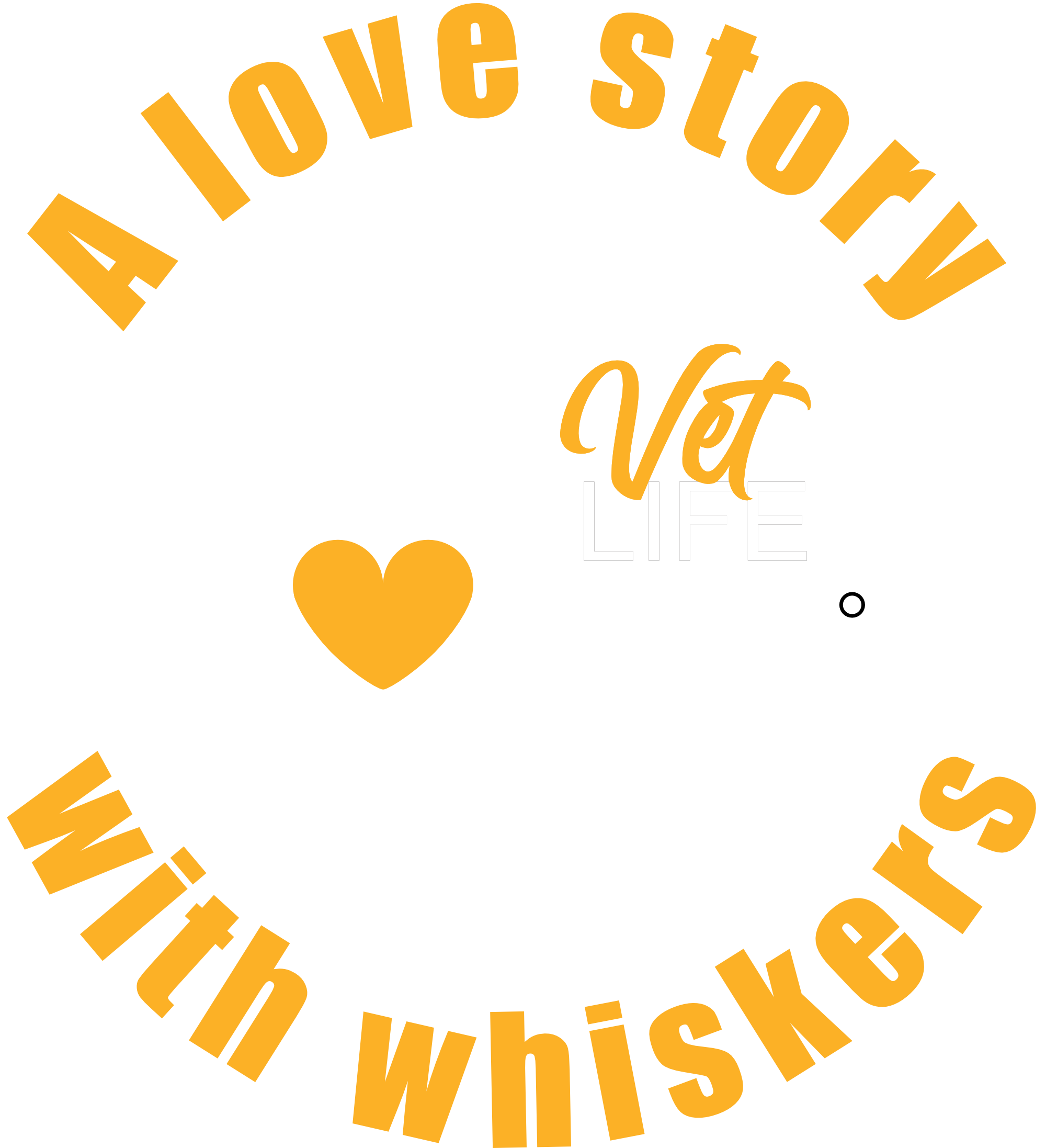 Graphic with the phrase "A love story with whiskers" in yellow text, an illustration of a dog sitting on top of a heart inside a stethoscope, and the word "Vet Life" in cursive script.