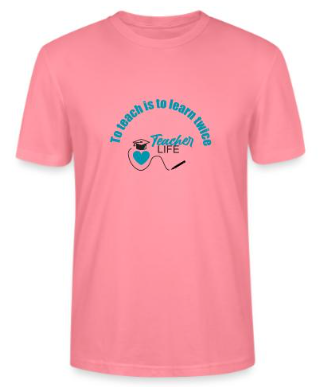 Pink T-shirt with 'Teacher Life' design.