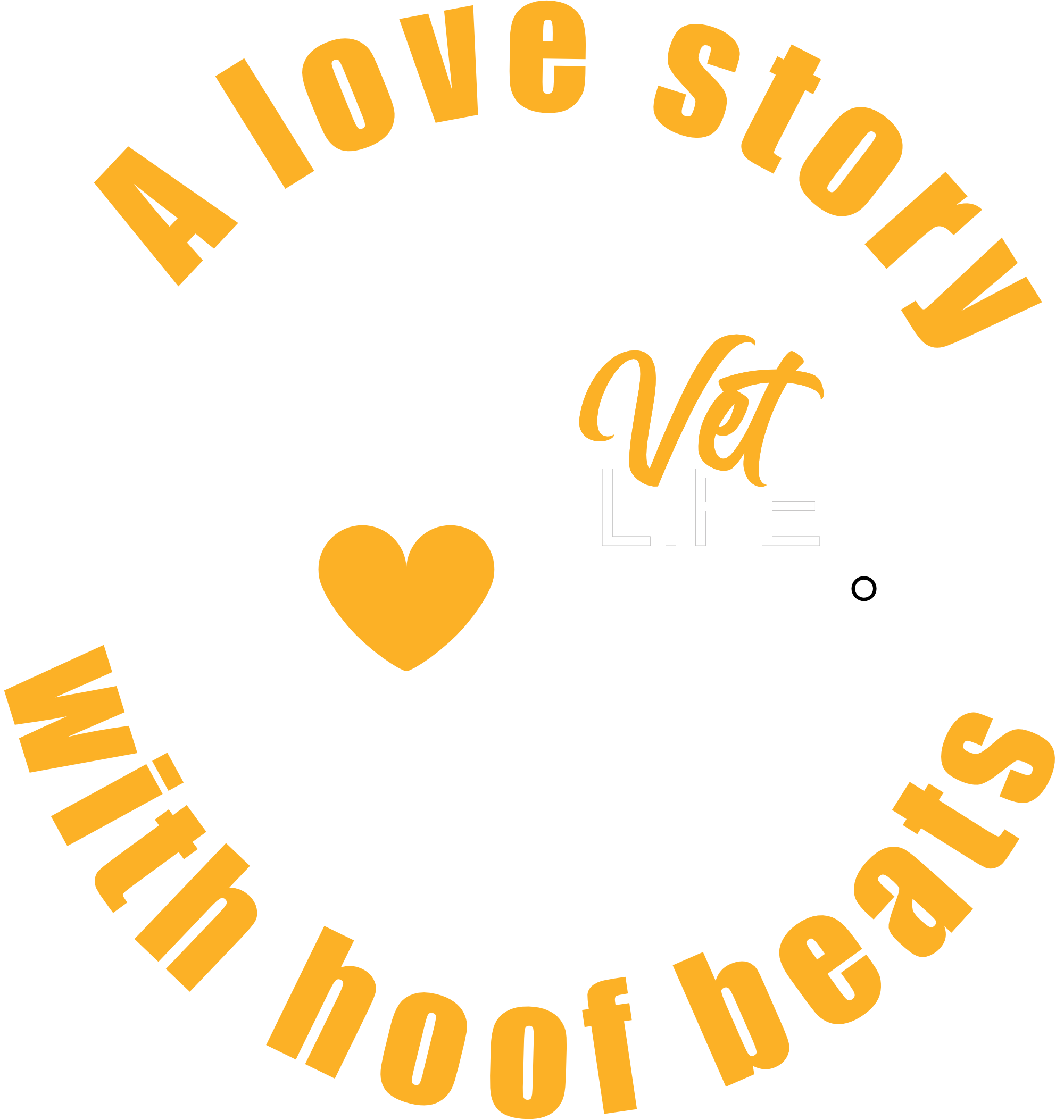 Design with a horse, a stethoscope forming a heart, and the phrase 'A love story with hoof beats' in yellow.