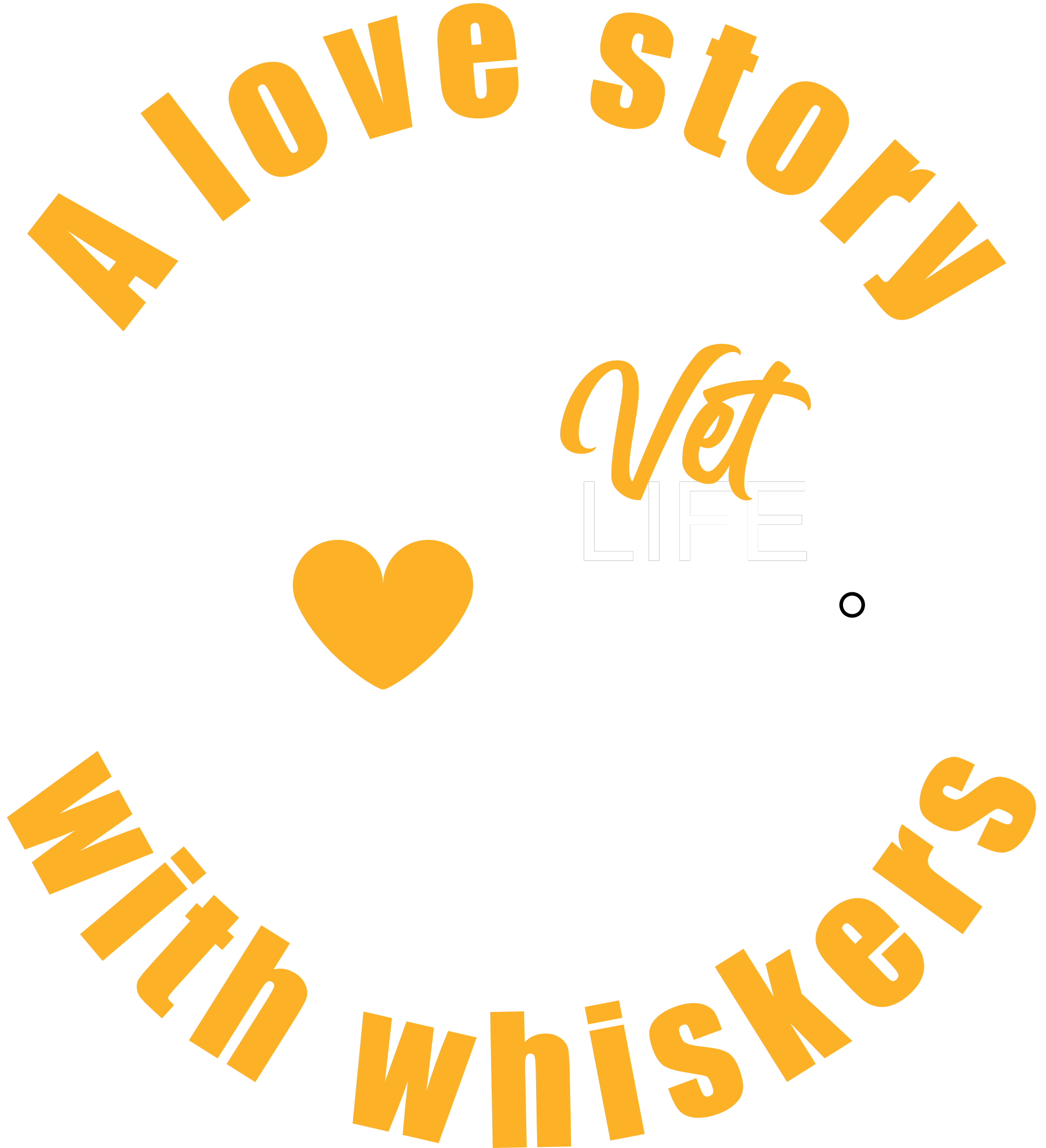 Vet Life design with a cat and a heart and the words, 'A love story with whiskers'.
