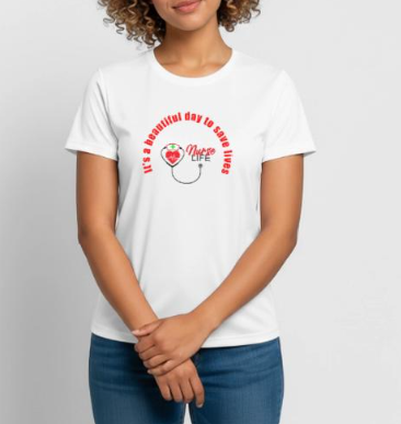 A woman wearing a white T-shirt with a red and black graphic design and text, standing against a plain background.