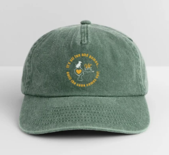 A green baseball cap with yellow embroidered text and design on the front.