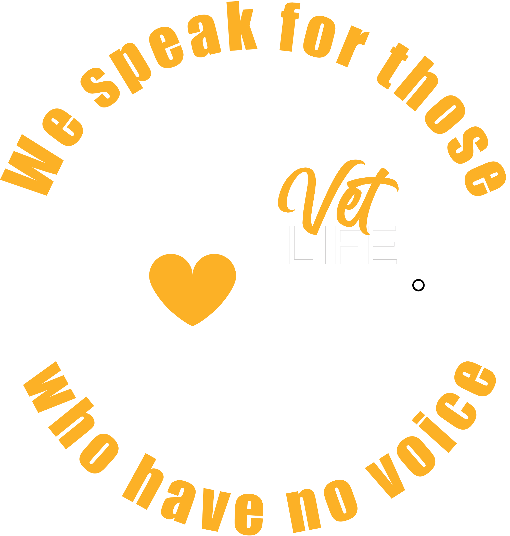 A circular logo with orange text that says "We speak for those who have no voice," featuring a dog silhouette sitting on a stethoscope with a heart shape inside the chest piece, and the words "Vet Life" in the center.