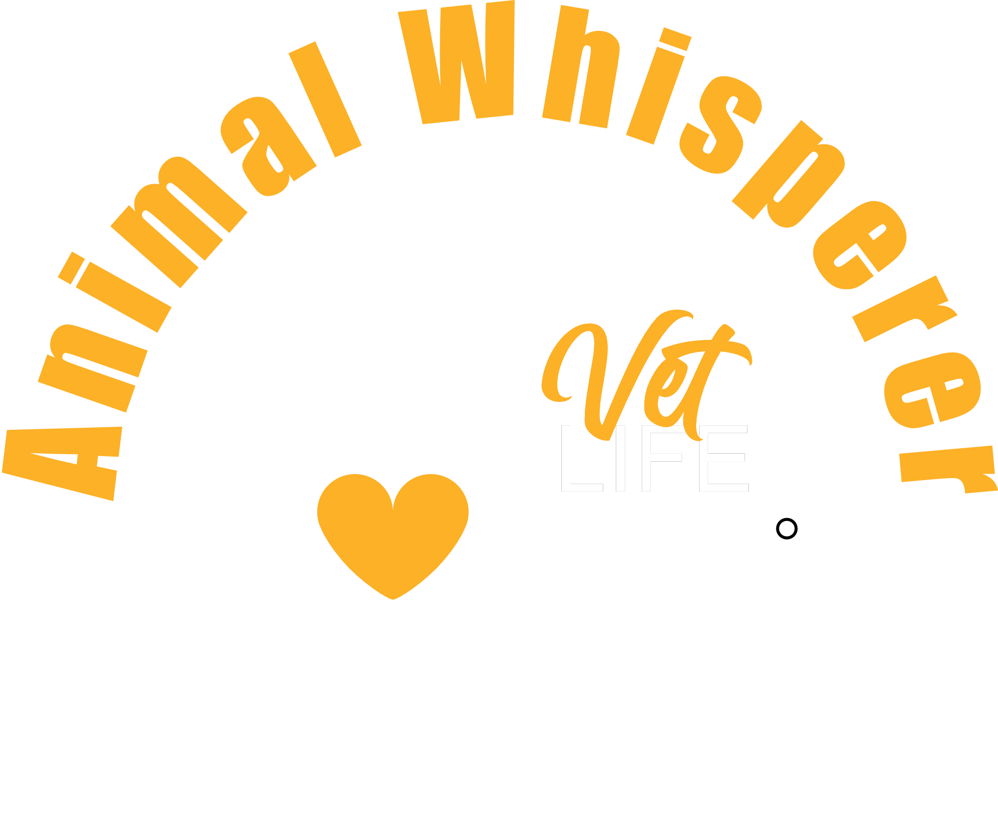 Design with text that reads 'Animal Whisperer' and 'Vet Life' in yellow and white, featuring a running horse, a stethoscope with a heart shape.