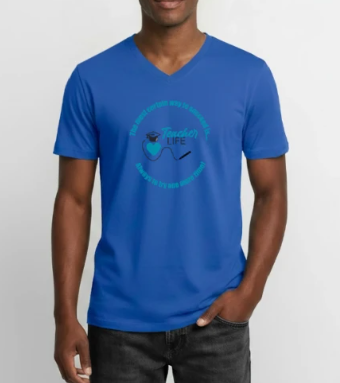 A man wearing a blue V-neck T-shirt with a heart-shaped logo and 'Teacher Life' text on the front.