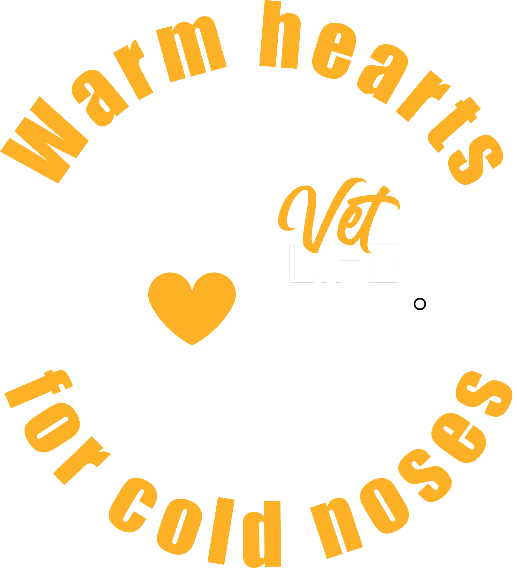 Design with a dog silhouette sitting on a heart-shaped stethoscope, text reading 'Vet life' and 'Warm hearts for cold noses' in yellow and white.