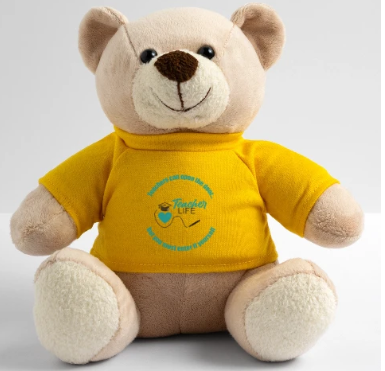 A plush teddy bear wearing a yellow T-shirt with 'Teacher Life' design.