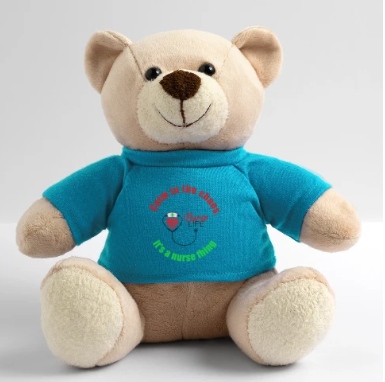 Cute plush teddy bear with a beige face and paws, wearing a blue T-shirt with colorful text and graphics.