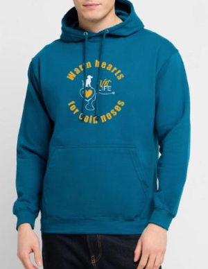 A person wearing a blue hoodie with yellow and white text and graphics on the front.