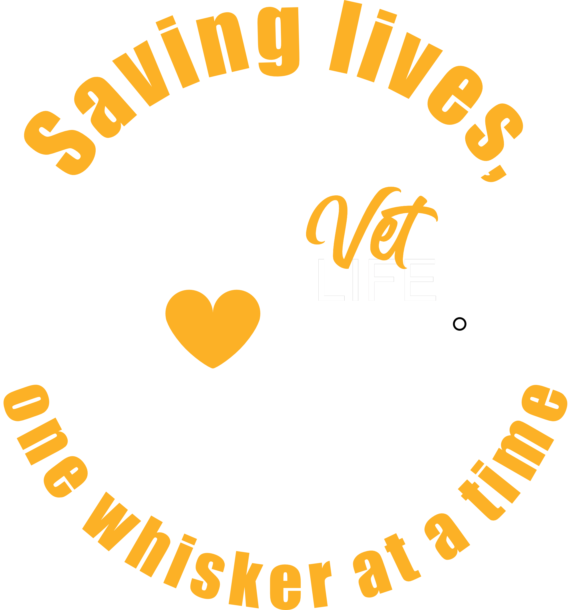 A logo with the text 'Saving lives one whiskaer at a time' in a circular shape. It features a white dog sitting on top of a stethoscope with a heart shape in the center of the stethoscope's chest piece, and the words 'Vet LIFE' integrated into the design.