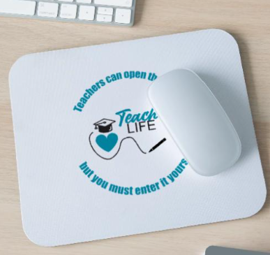 A mouse pad with 'Teacher Life' design.