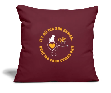 Maroon pillow with yellow text and graphic that says "It's all fun and games until the cone comes out" surrounding a heart.